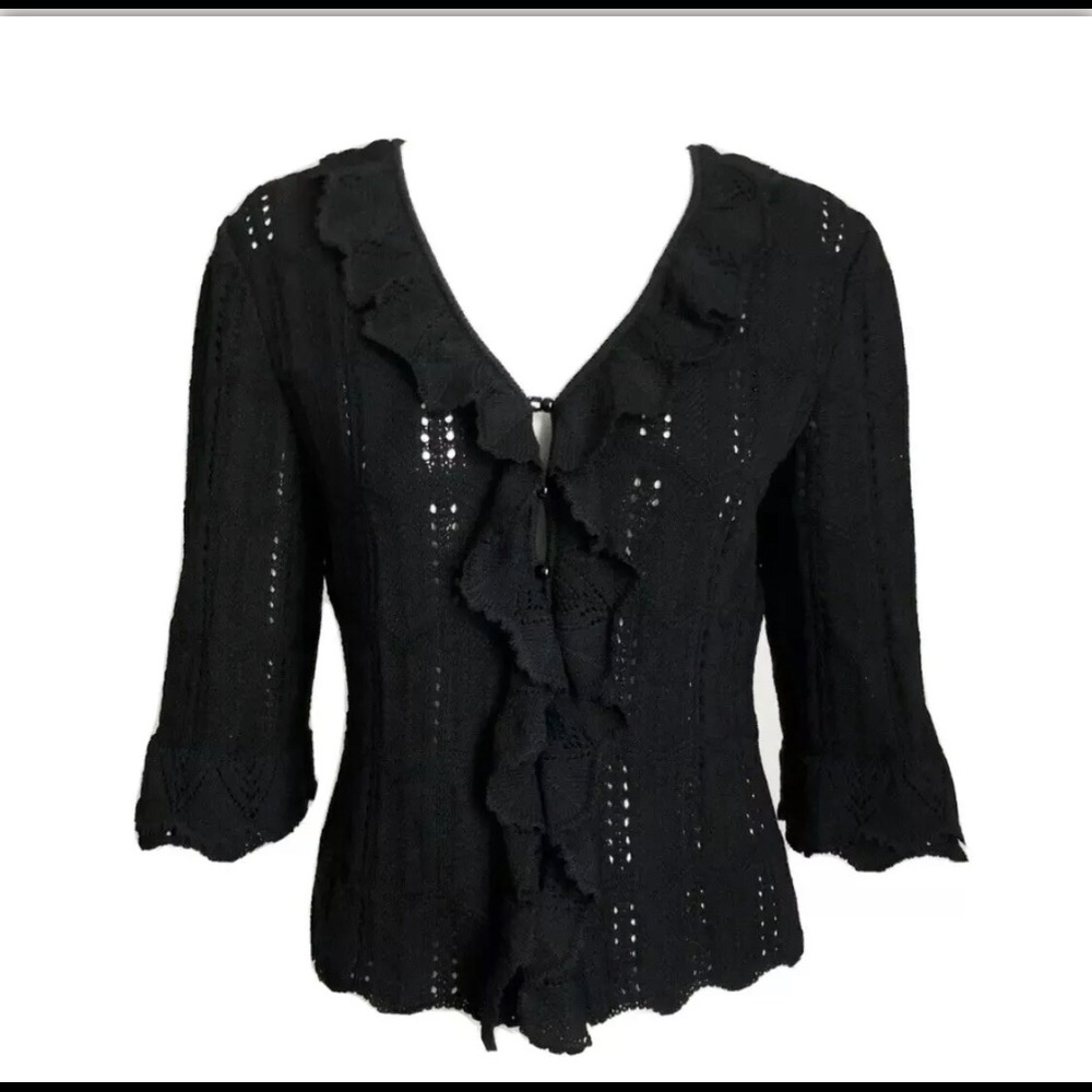 St John Knit Cardigan Sweater Ruffle Hem Cardi Black Size 2 Vintage Marie Gray
